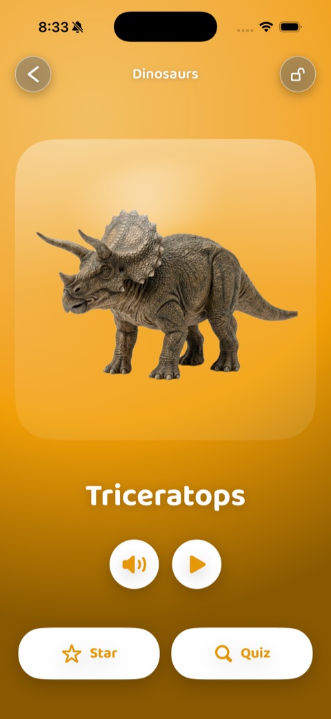 Dinosaur flashcard showing a Triceratops in the dark theme